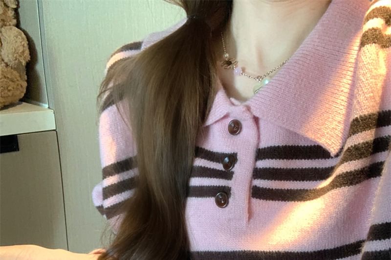 Striped Collar Loose Fit Long Sleeve Sweater