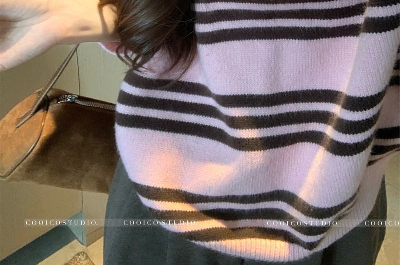 Striped Collar Loose Fit Long Sleeve Sweater