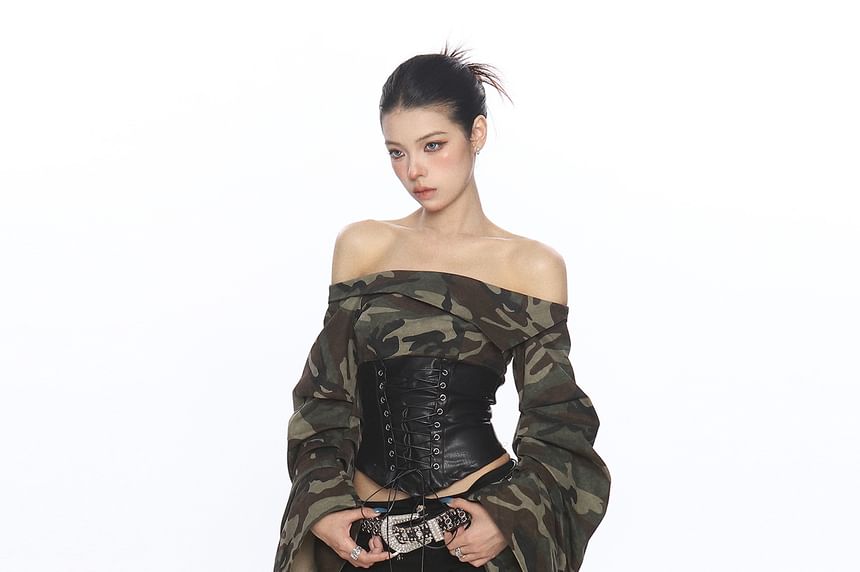 Camo Print Off-Shoulder Lace-Up Crop Top
