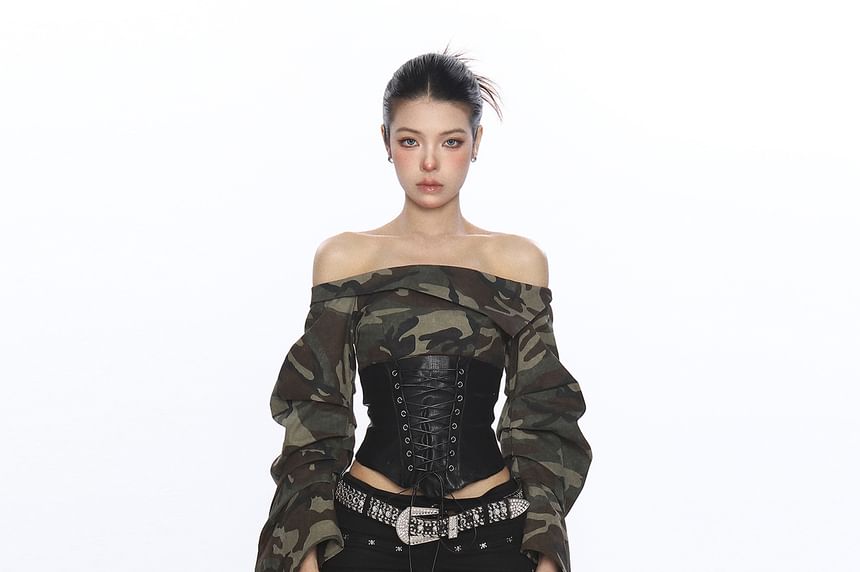 Camo Print Off-Shoulder Lace-Up Crop Top