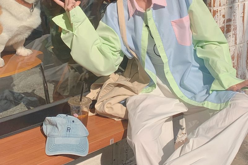 Color Blocked Long Sleeve Oversized Shirt with Pocket