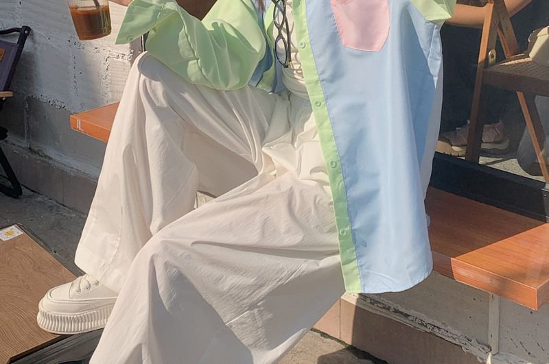 Color Blocked Long Sleeve Oversized Shirt with Pocket