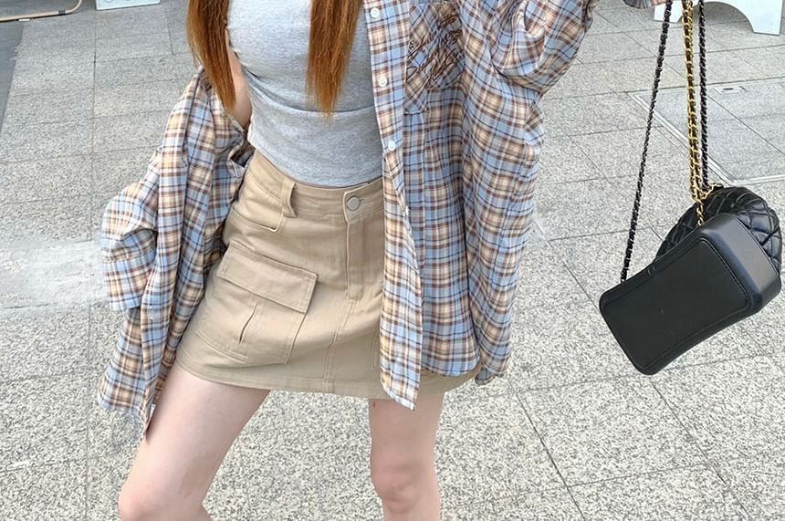 Plaid Oversized Long Sleeve Shirt with Flap Pocket