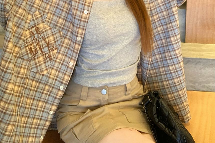 Plaid Oversized Long Sleeve Shirt with Flap Pocket