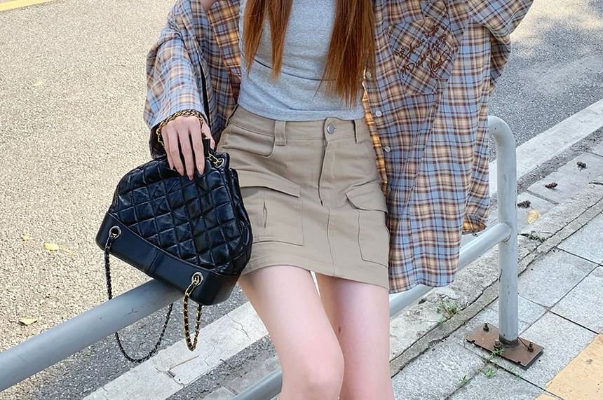 Plaid Oversized Long Sleeve Shirt with Flap Pocket