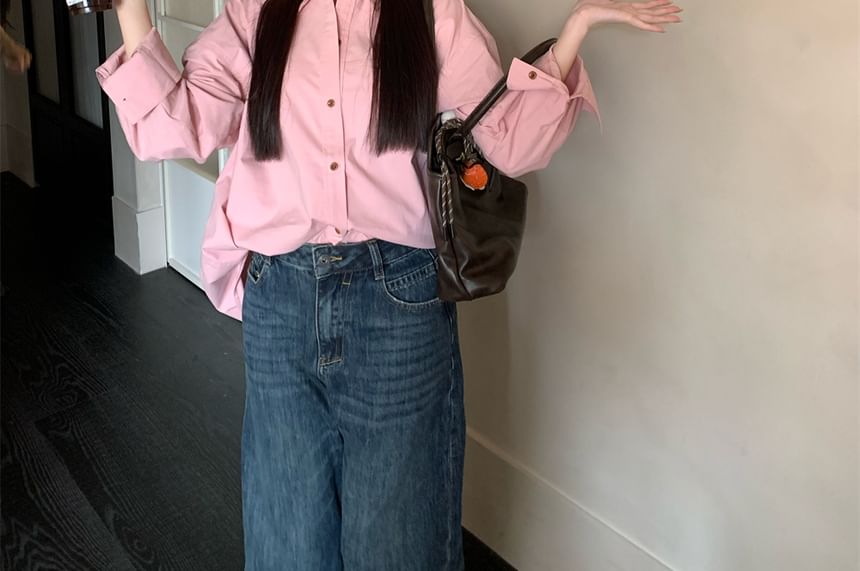 Oversized Button-Down Long Sleeve Tee with Chest Pocket
