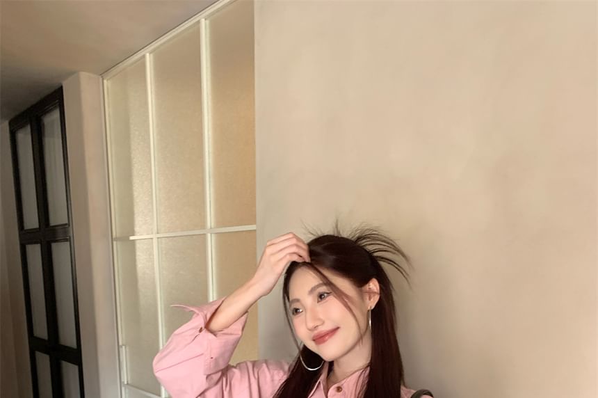Oversized Button-Down Long Sleeve Tee with Chest Pocket