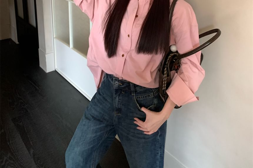 Oversized Button-Down Long Sleeve Tee with Chest Pocket