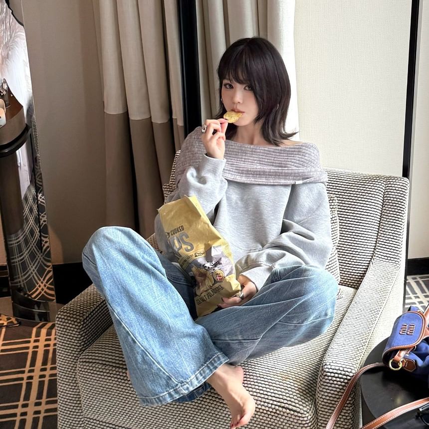 Melange Batwing Off-Shoulder Knit Sweater