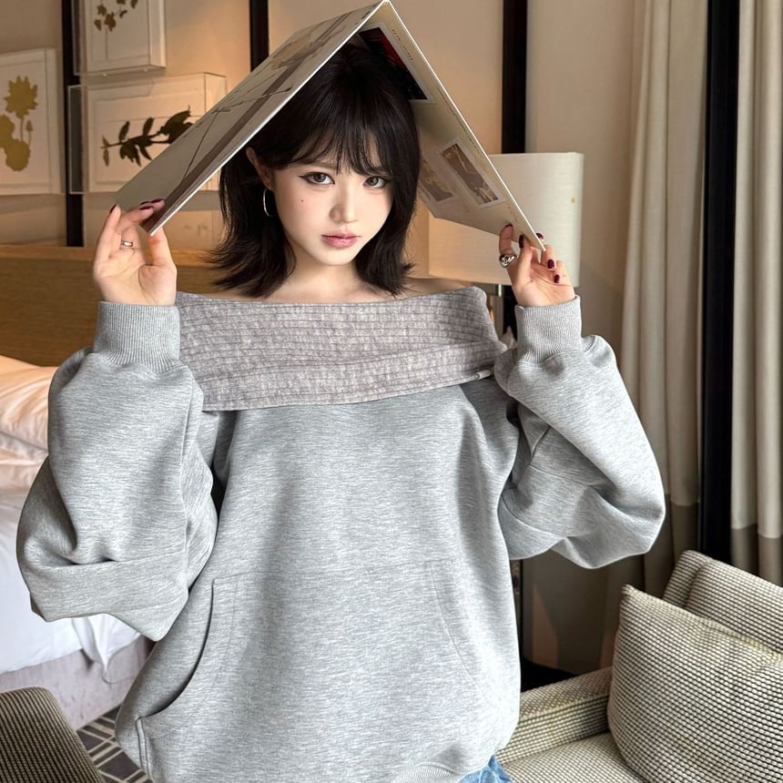 Melange Batwing Off-Shoulder Knit Sweater