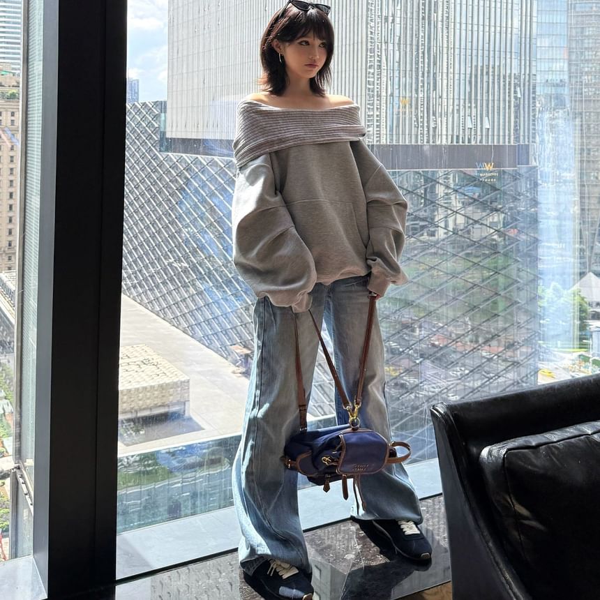 Melange Batwing Off-Shoulder Knit Sweater