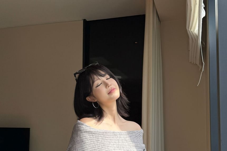 Melange Batwing Off-Shoulder Knit Sweater