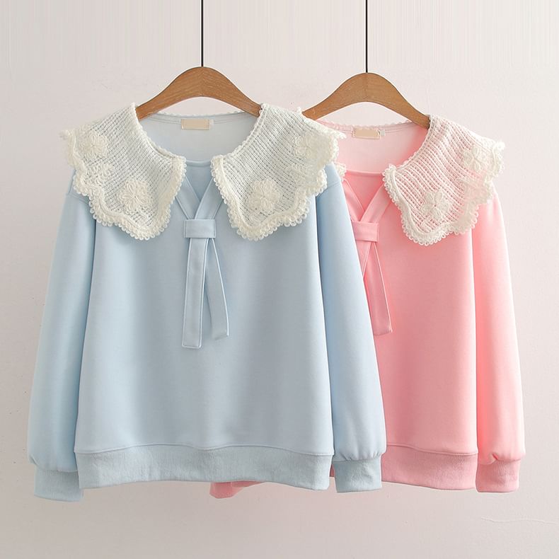 Faux Two-Piece Lace Collar Knit Pullover