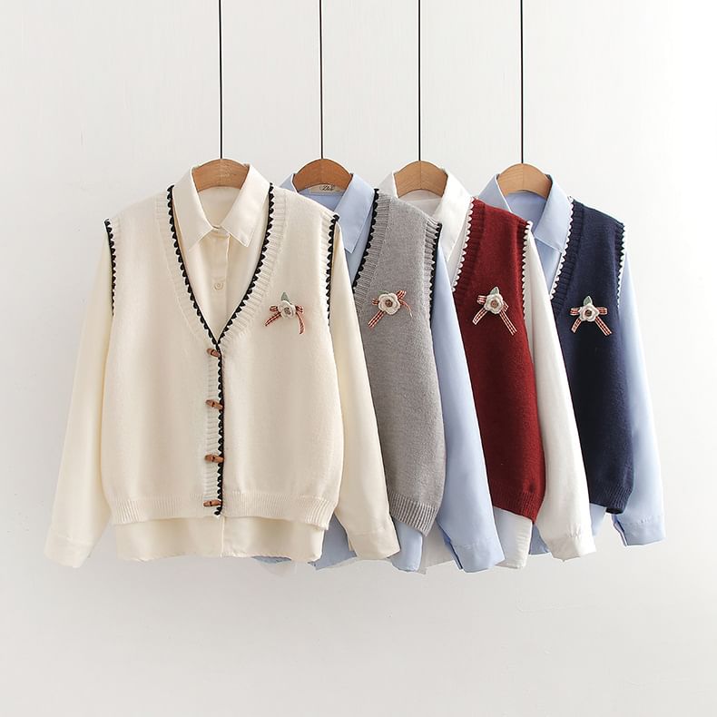 Two-Piece Set: V-Neck Knit Vest & Long Sleeve Shirt