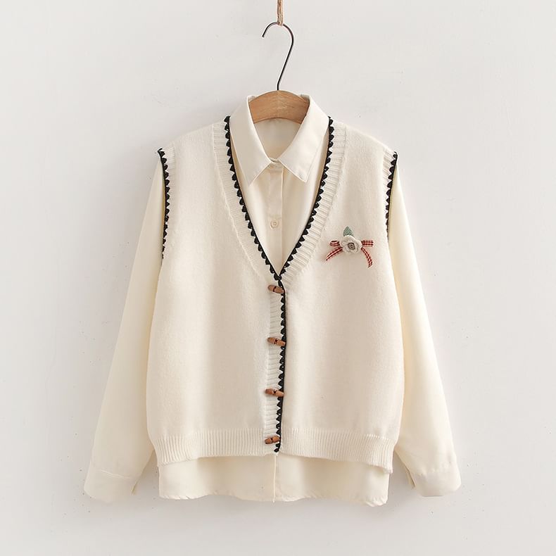 Two-Piece Set: V-Neck Knit Vest & Long Sleeve Shirt