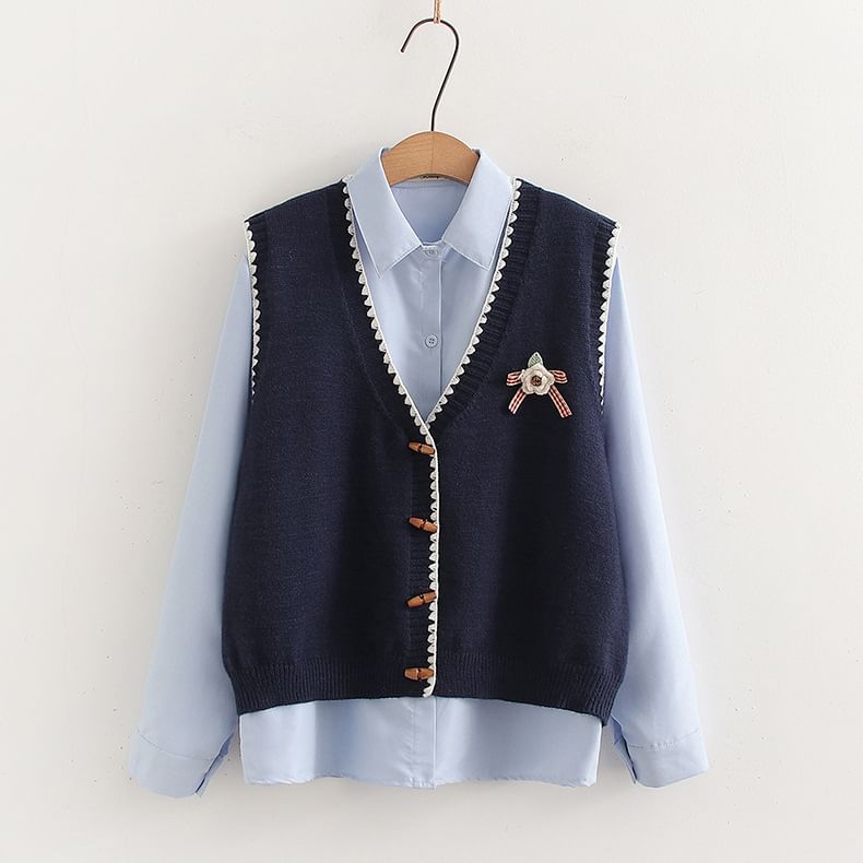 Two-Piece Set: V-Neck Knit Vest & Long Sleeve Shirt
