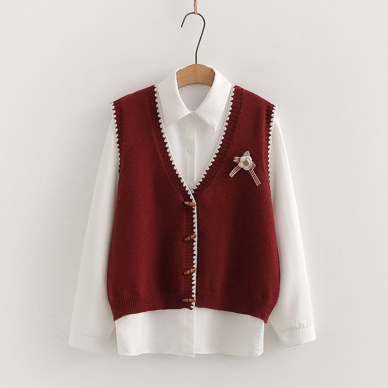 Two-Piece Set: V-Neck Knit Vest & Long Sleeve Shirt