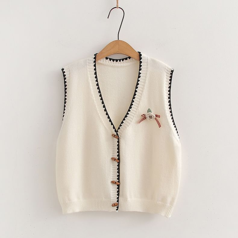 Two-Piece Set: V-Neck Knit Vest & Long Sleeve Shirt