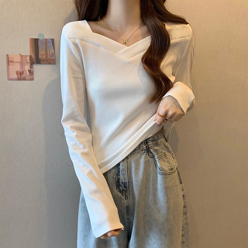 V-Neck Long Sleeve Solid Top
