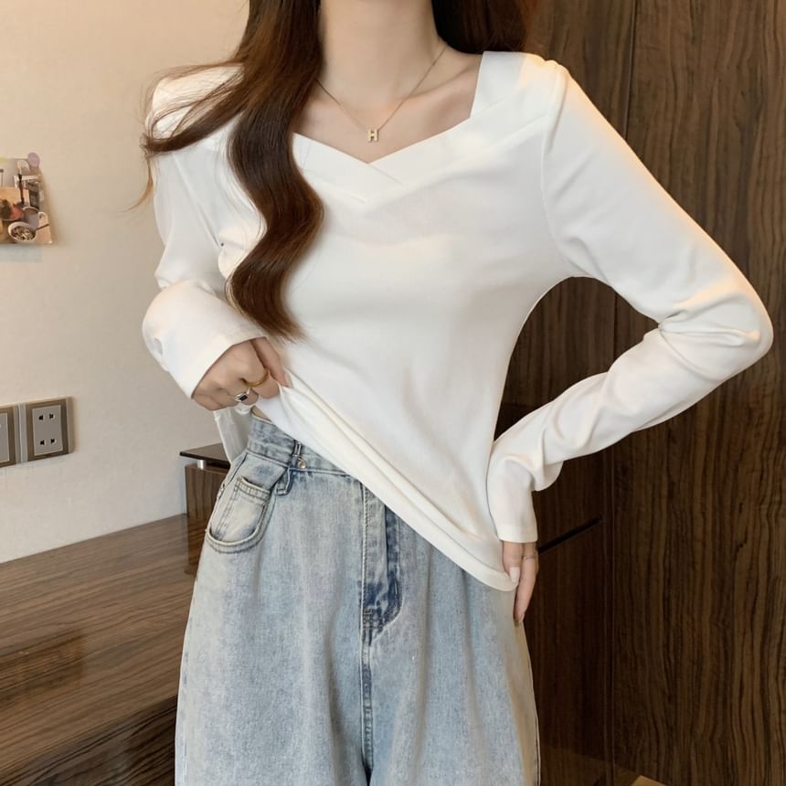 V-Neck Long Sleeve Solid Top