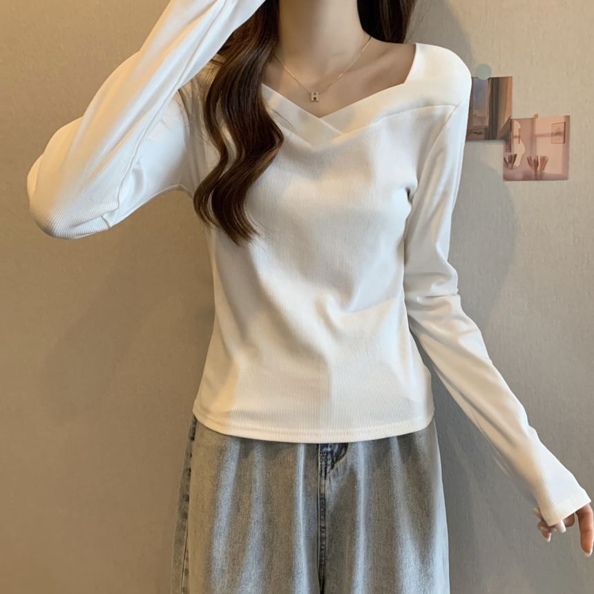 V-Neck Long Sleeve Solid Top