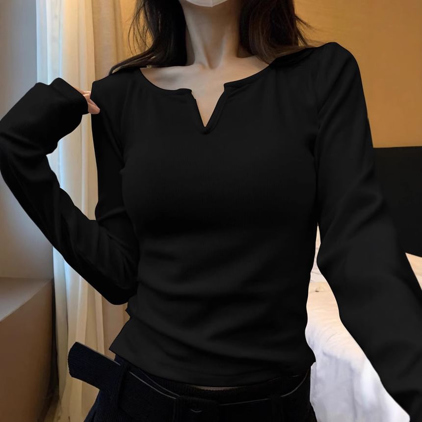 Notched Solid Long Sleeve Tee