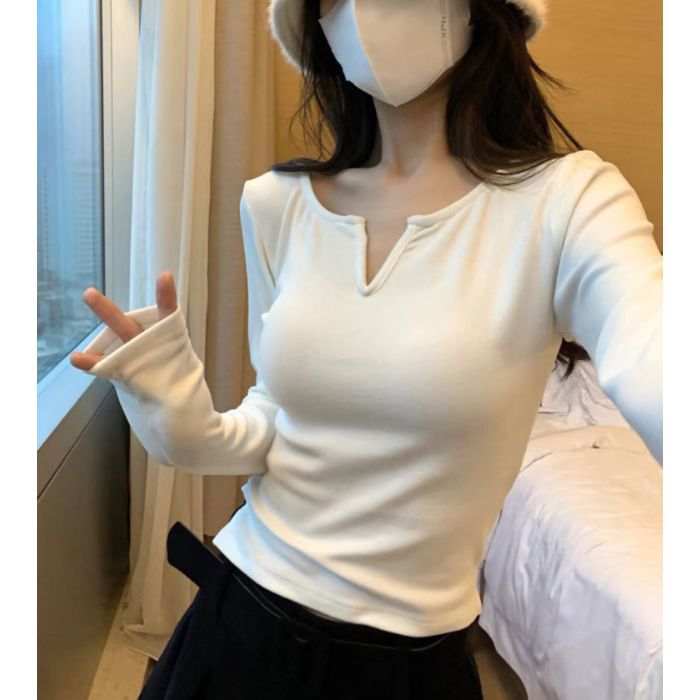 Notched Solid Long Sleeve Tee