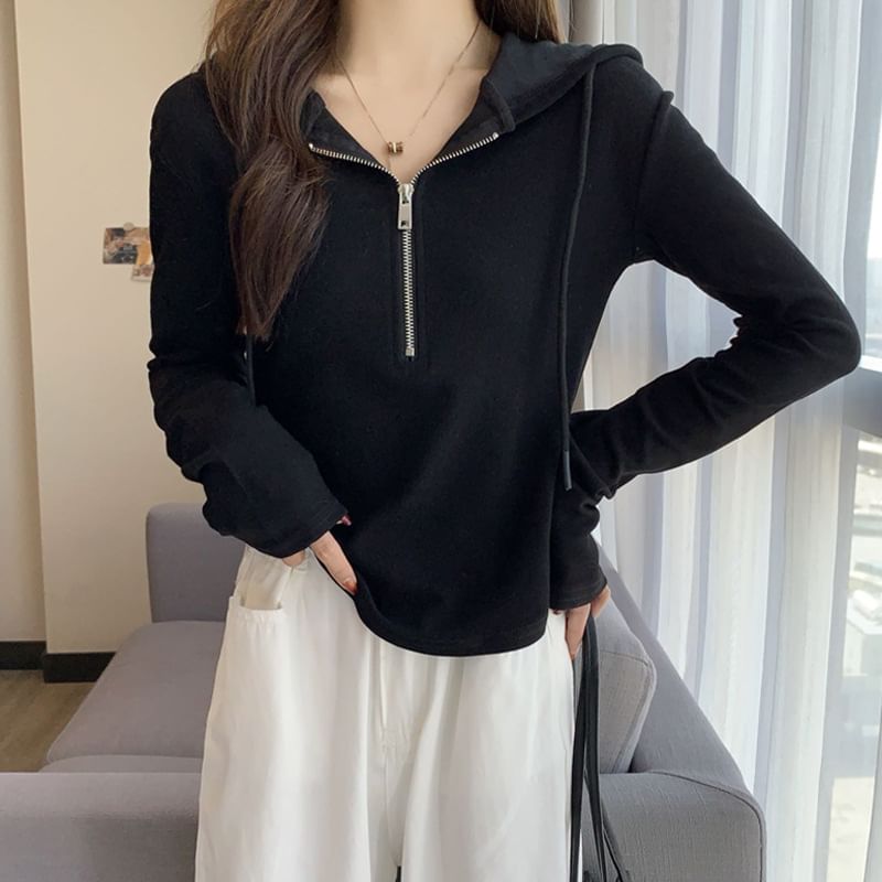 Half Zip Hooded Solid Long Sleeve Top