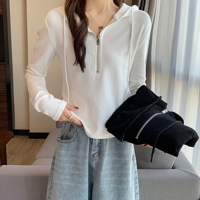 Half Zip Hooded Solid Long Sleeve Top