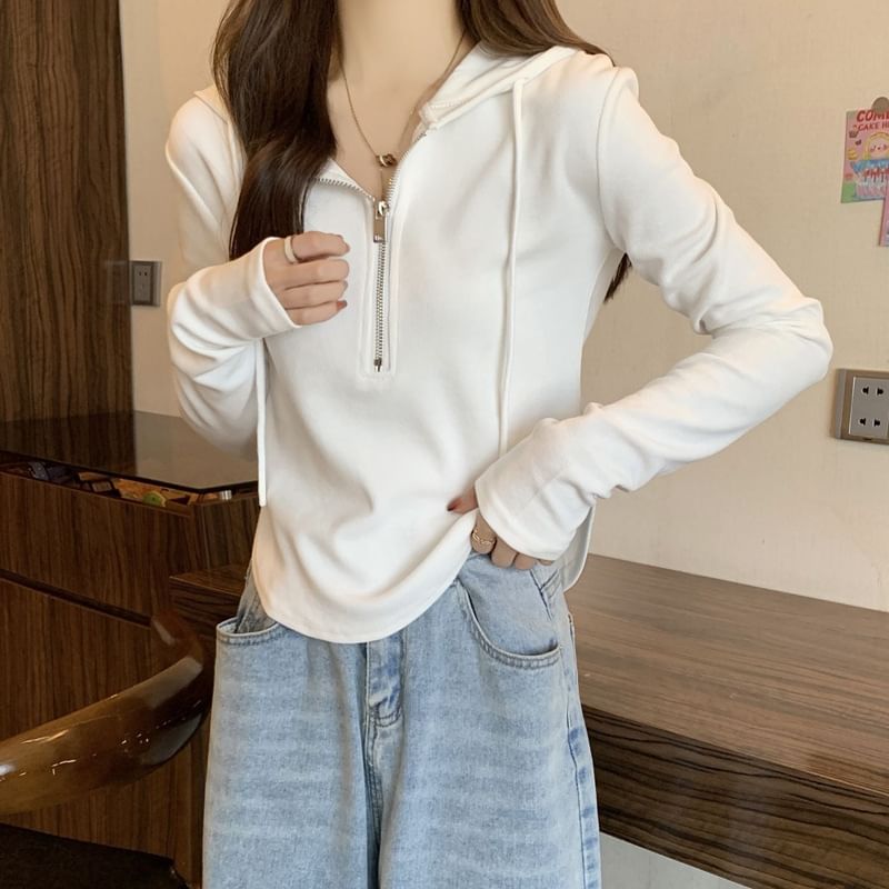 Half Zip Hooded Solid Long Sleeve Top
