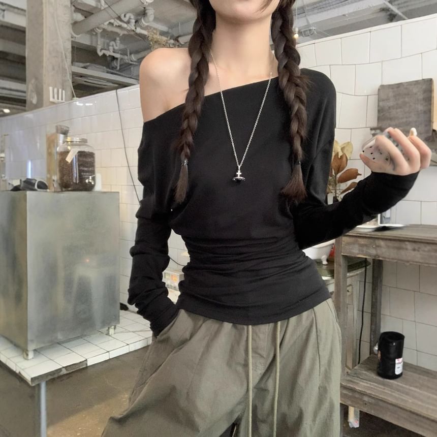 Off Shoulder Solid Long Sleeve Blouse