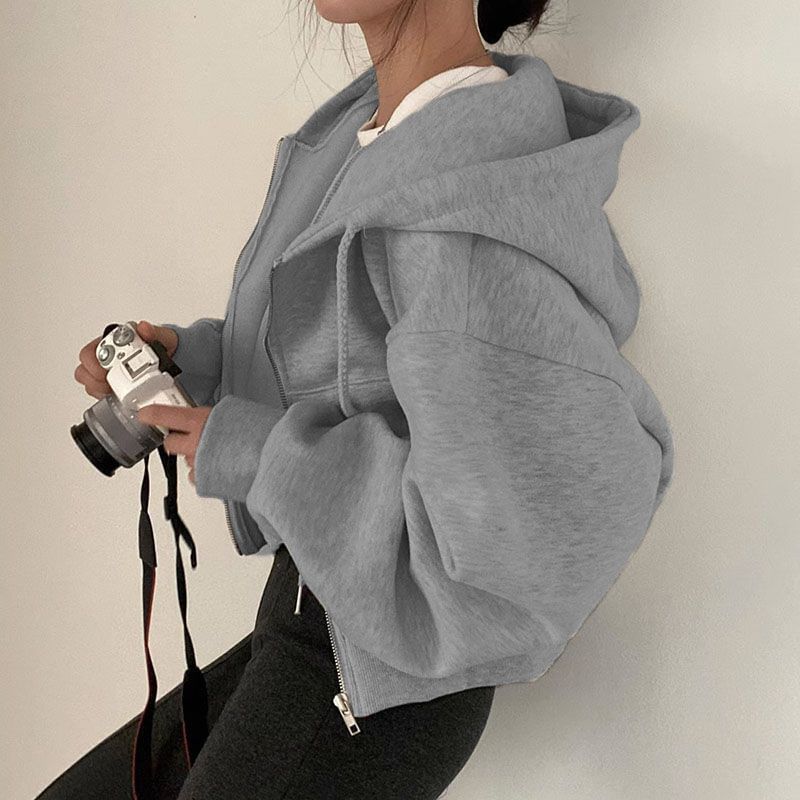 Zip-Up Crop Hoodie Solid Design