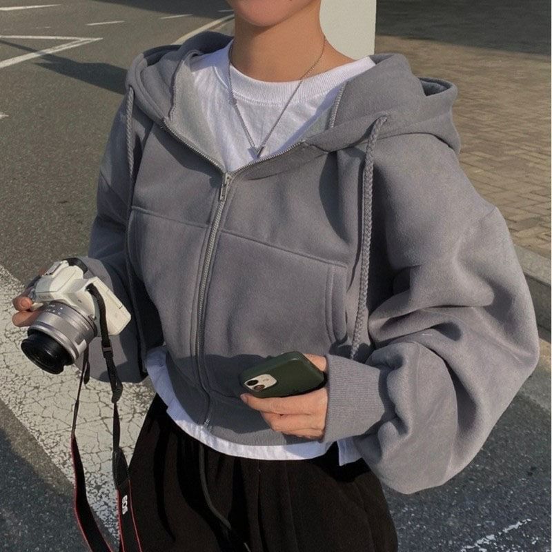 Zip-Up Crop Hoodie Solid Design