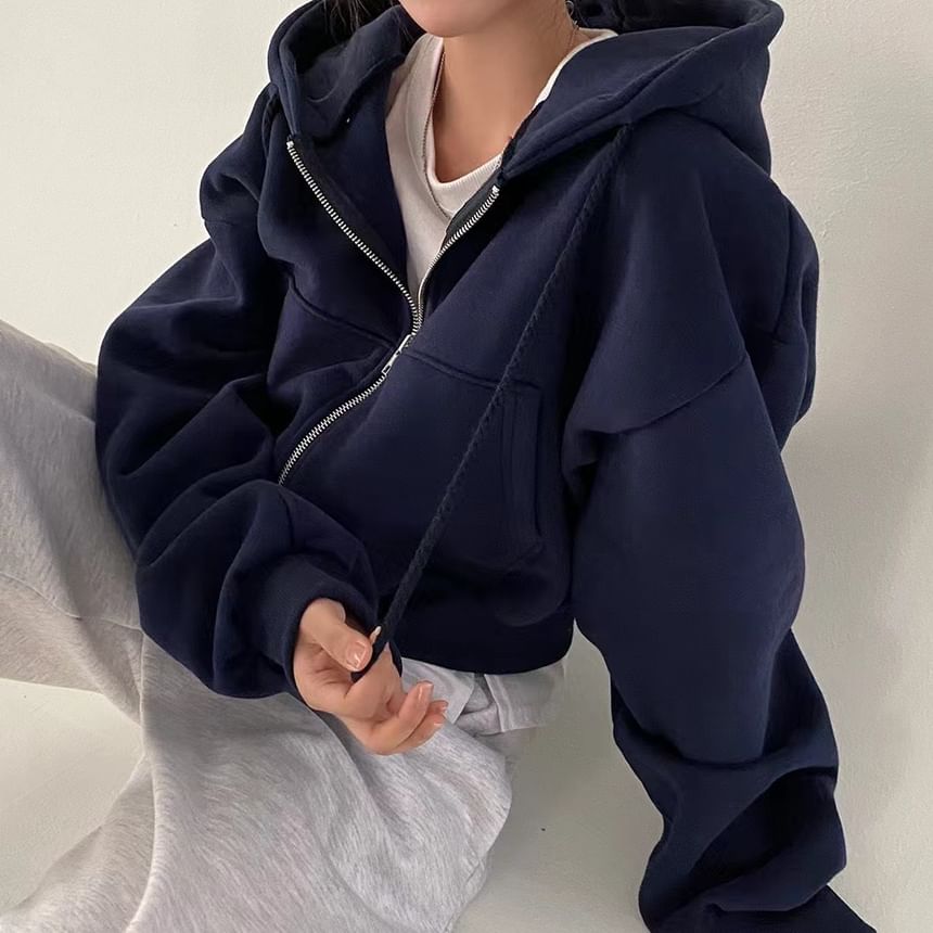 Zip-Up Crop Hoodie Solid Design