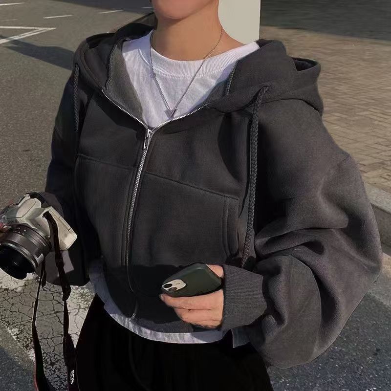 Zip-Up Crop Hoodie Solid Design