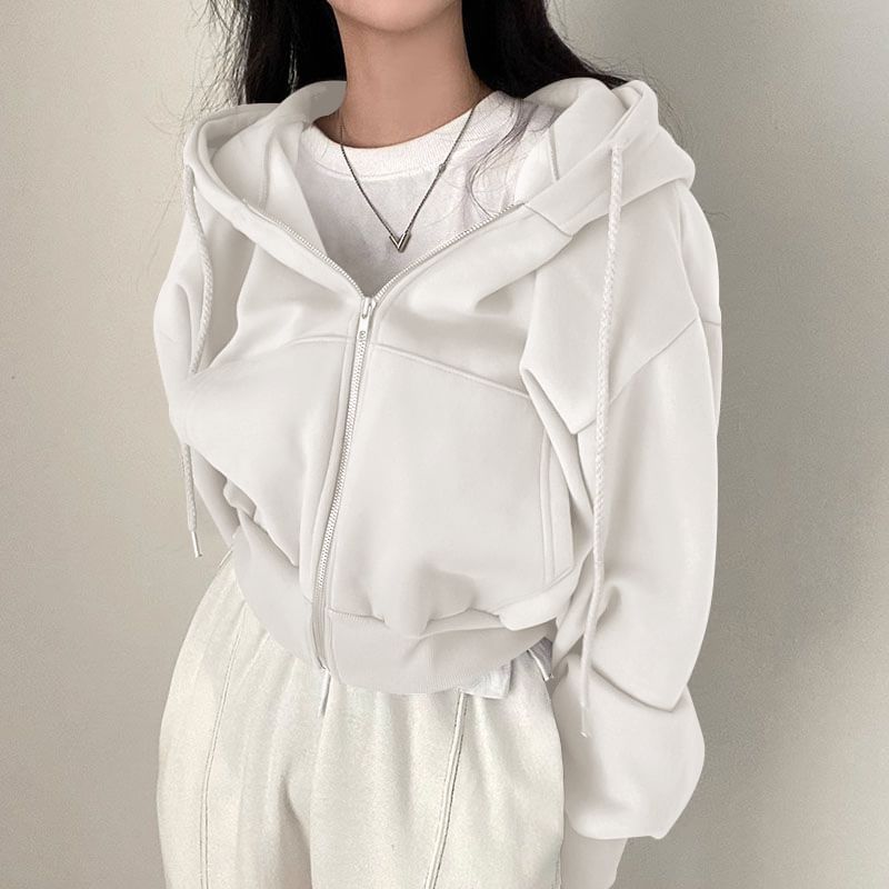 Zip-Up Crop Hoodie Solid Design