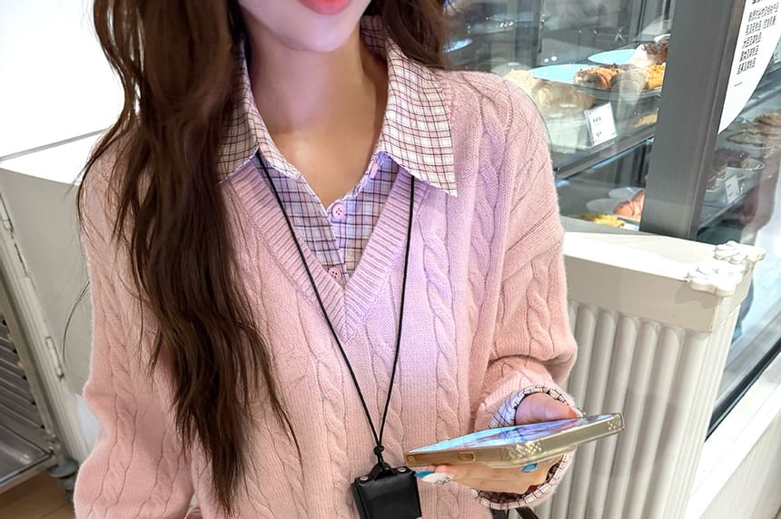 Plaid Panel Knit Sweater with Collar