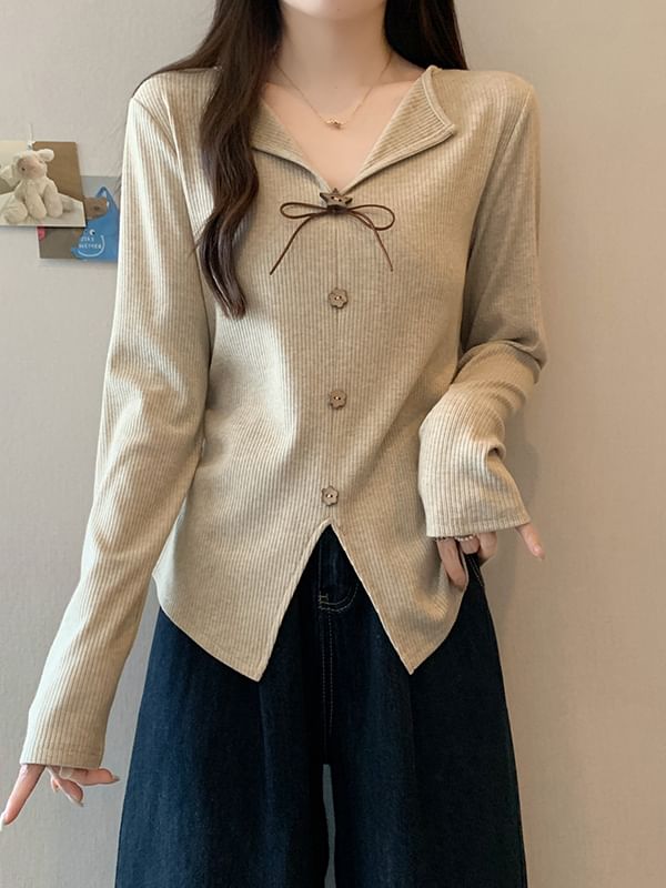 Ribbed Knit V-Neck Button Top