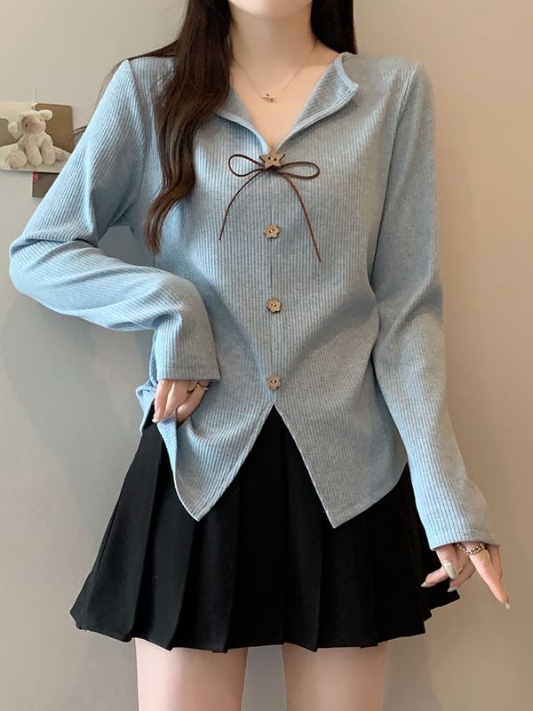 Ribbed Knit V-Neck Button Top