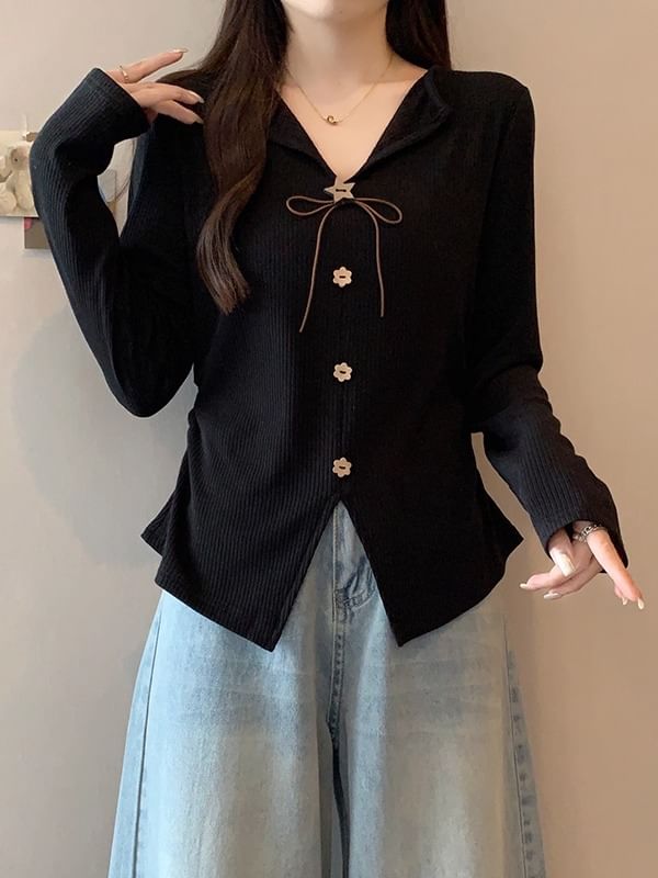 Ribbed Knit V-Neck Button Top