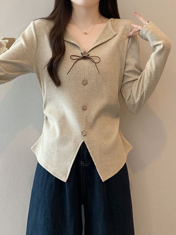 Ribbed Knit V-Neck Button Top