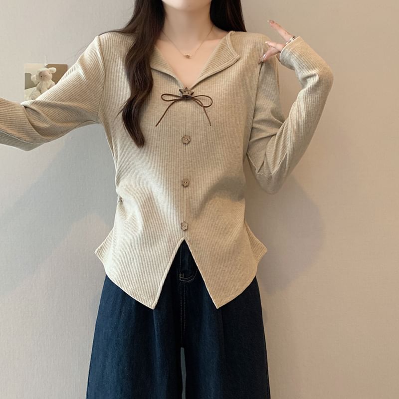 Ribbed Knit V-Neck Button Top