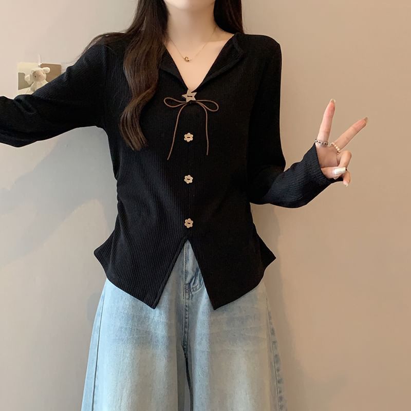 Ribbed Knit V-Neck Button Top