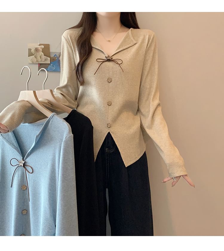 Ribbed Knit V-Neck Button Top