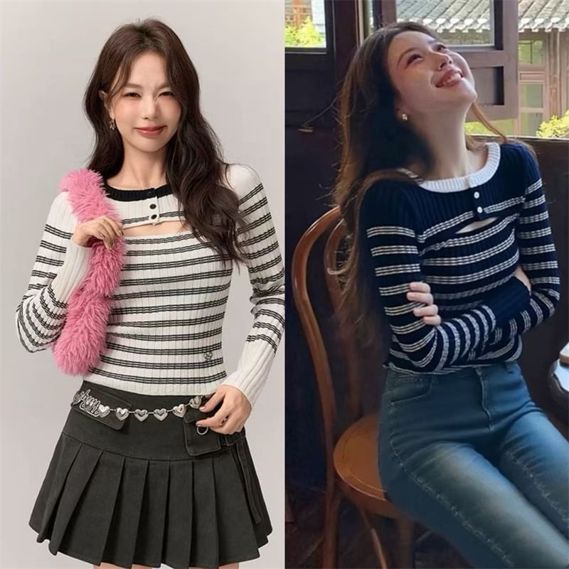 Striped Contrast Trim Cropped Knit Crew Neck Long Sleeve Top