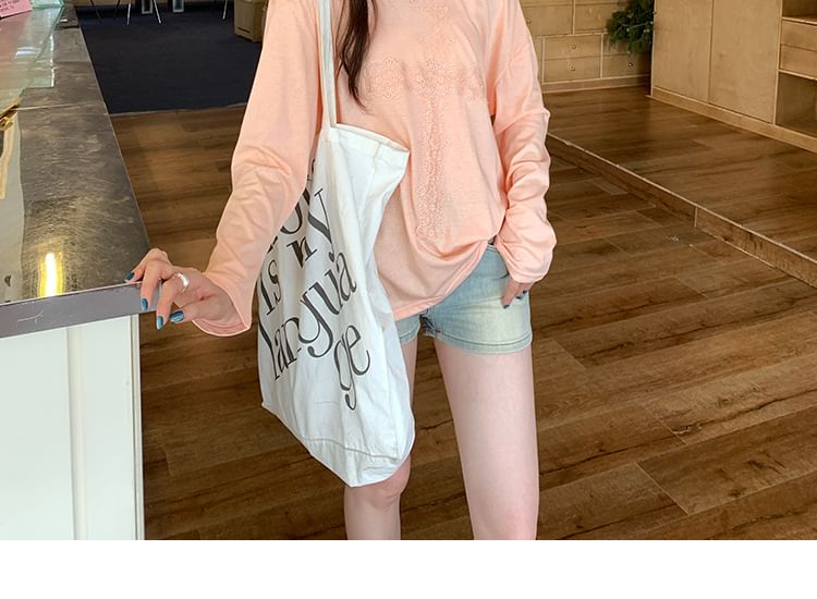 Off Shoulder Lace Panel T-Shirt Long Sleeve