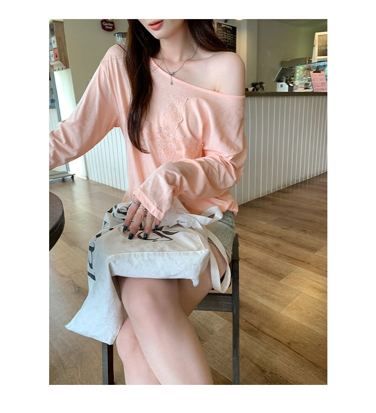 Off Shoulder Lace Panel T-Shirt Long Sleeve