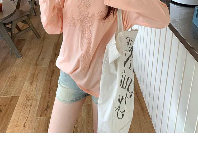 Off Shoulder Lace Panel T-Shirt Long Sleeve