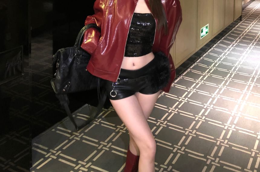 Stand Collar Faux Leather Zip Jacket / Halter Faux Leather Crop Top / Mid Rise Plain Shorts