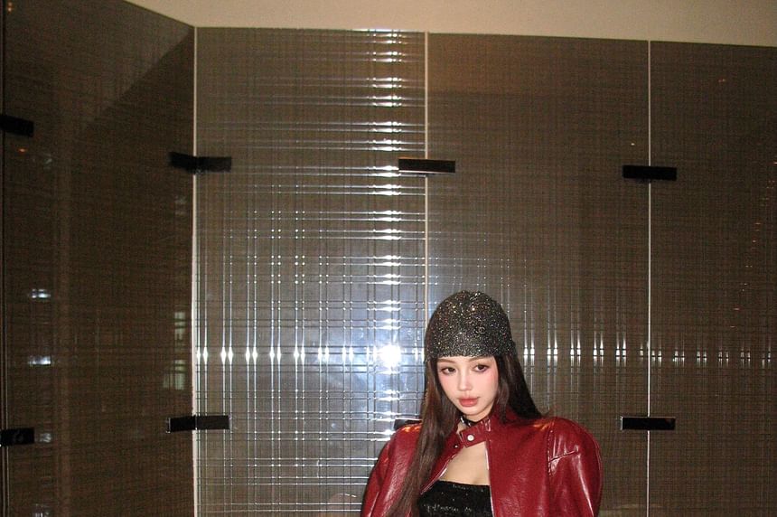 Stand Collar Faux Leather Zip Jacket / Halter Faux Leather Crop Top / Mid Rise Plain Shorts